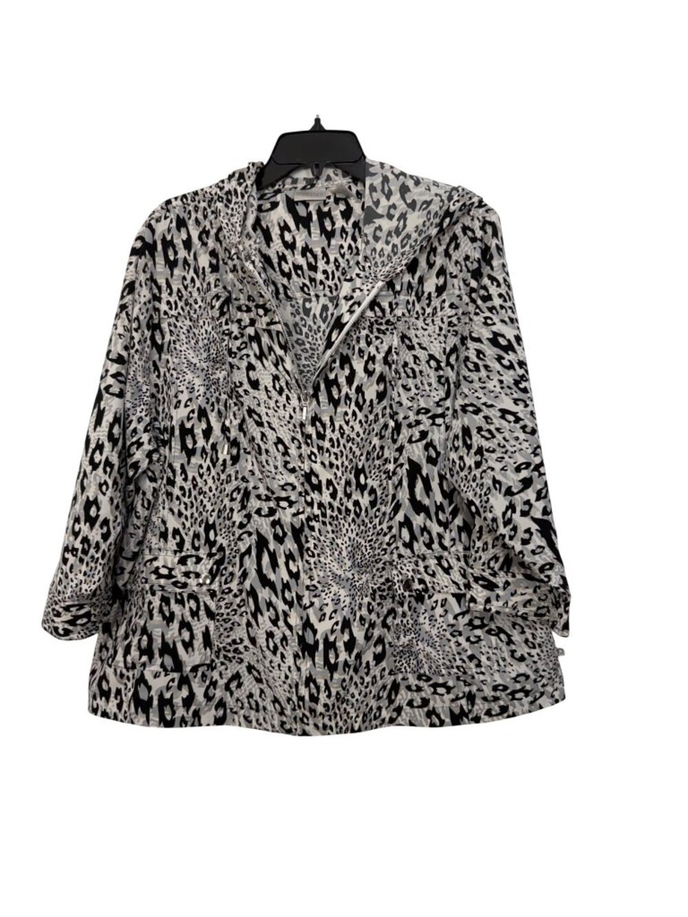 Zenergy By Chicos Leopard Print Hooded Full Zipper Jacket SZ 3-US XL  3/4 sleeve